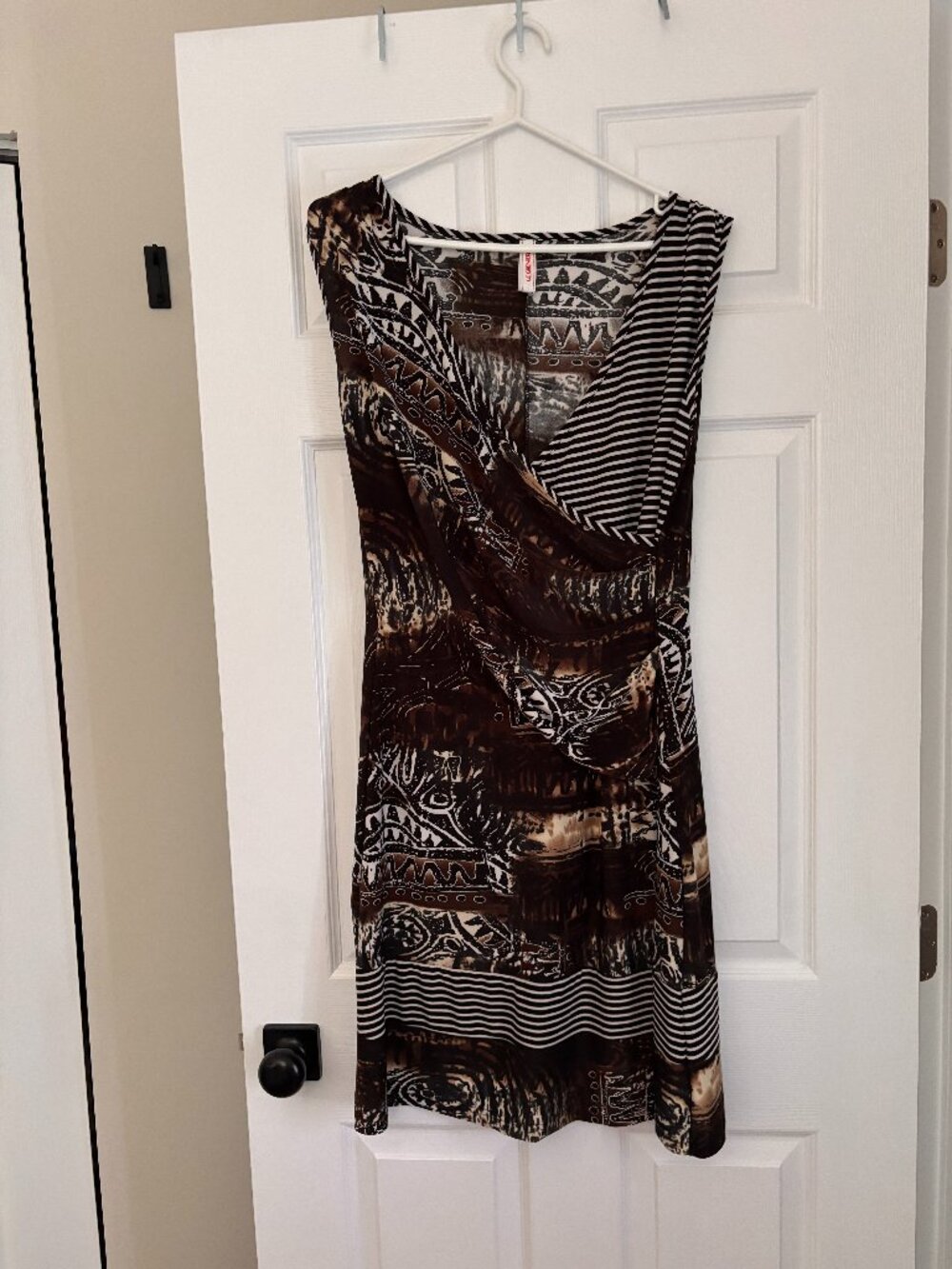 Abstract Print Faux Wrap Dress | Sleeveless Stretch Cocktail & Career Dress (L)